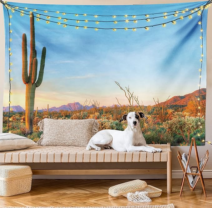 Ambesonne Saguaro Tapestry Twin Size, Sun Goes down in Desert Prickly Pear Cactus Southwest Texas National Park, Wall Hanging Bedspread Bed Cover Wall Decor, 68" X 88", Orange and Blue