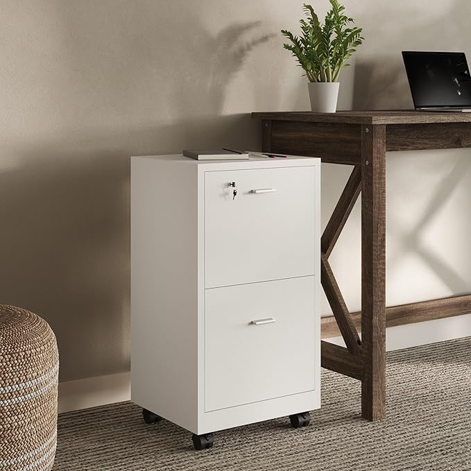 File Cabinet - 2-Drawer Cabinet with Lock and Deep Drawer Storage - Rolling Filing Cabinet for Under The Desk, Home, or Office by Lavish Home (White)