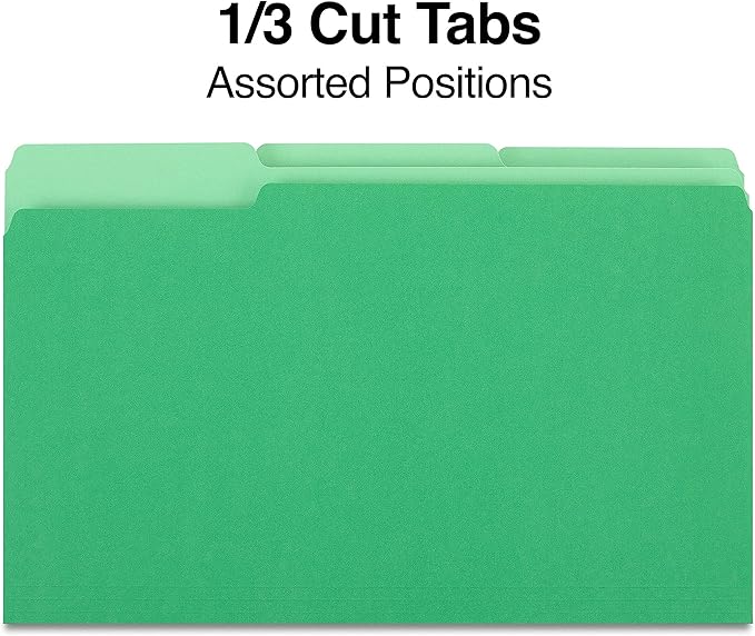 Staples File Folders, Legal Size, 1/3‑Cut Tabs, Green, Durable Paper Stock, 200/Carton