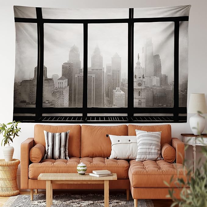 Ambesonne City Tapestry, Philadelphia City Rooftop View Through Window Skyline Landmark Rooftop Travel, Fabric Wall Hanging Decor for Bedroom Living Room Dorm, 28" X 23", Grey Black