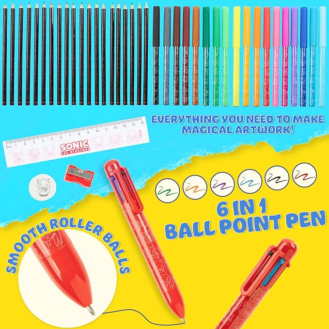 Sonic The Hedgehog Pencil Case with Colored Pencils Set for Kids Tweens School Supplies Gamer Pencil Pouch Markers Knuckles Shadow Amy Gifts for Kids