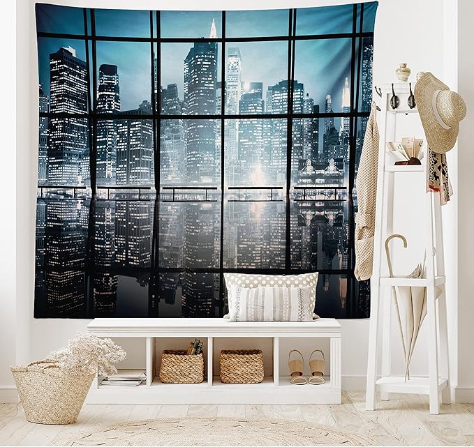 Ambesonne Modern Tapestry King Size, Modern New York City Scenery at Night with Skyscrapers Buildings Print, Wall Hanging Bedspread Bed Cover Wall Decor, 104" X 88", Black Blue