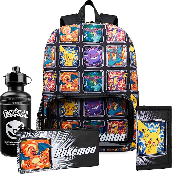 Pokemon Backpack Set 4 Pcs for Kids with Backpack Water Bottle Pencil Case Lunch Bag or Wallet Anime School Supplies Gifts (Multi 4 Pcs Set)