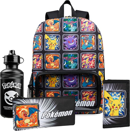 Pokemon Backpack Set 4 Pcs for Kids with Backpack Water Bottle Pencil Case Lunch Bag or Wallet Anime School Supplies Gifts (Multi 4 Pcs Set)