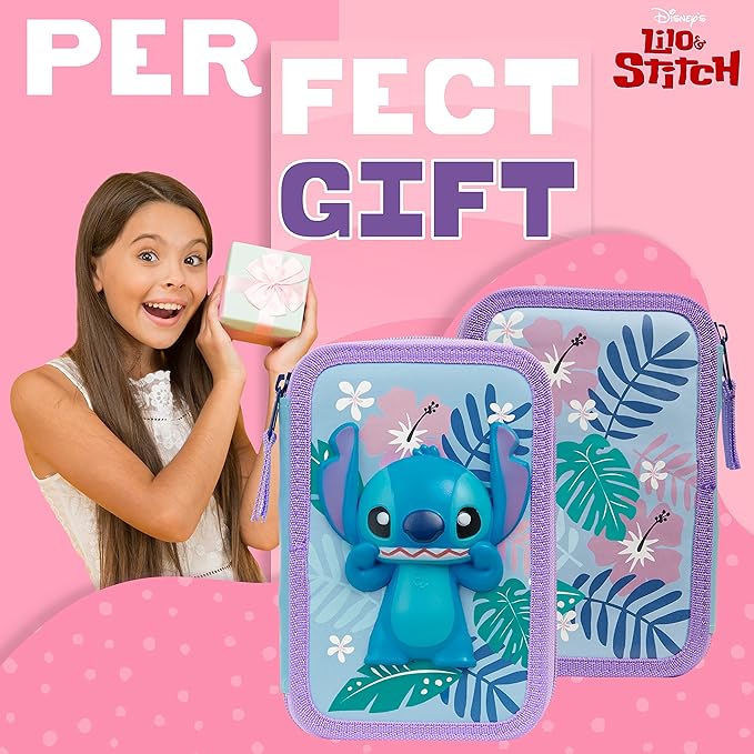 Disney Stitch Filled Pencil Case with Colored Pencils, Markers, Gifts for Girls Kids, Stationery School Art Supplies Pouch Holder Organizer (Blue Stitch Double Zip)