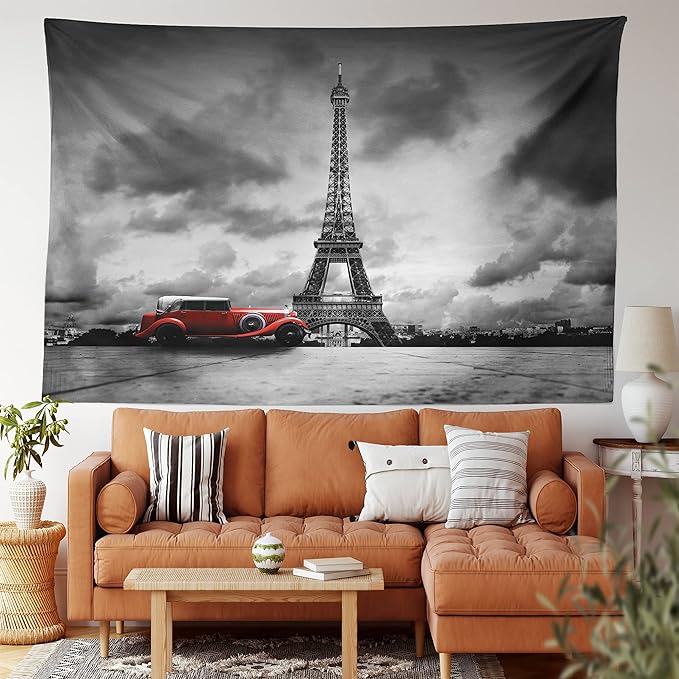 Ambesonne Eiffel Tower Tapestry, Image of Eiffel Tower Paris France Vintage Car Street Dark Clouds, Fabric Wall Hanging Decor for Bedroom Living Room Dorm, 28" X 23", Black Red