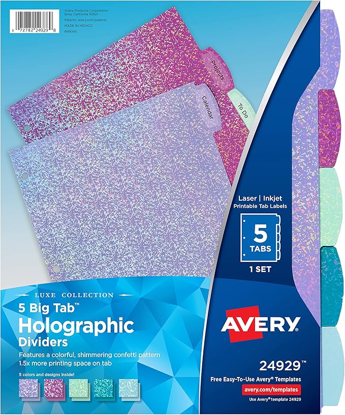 Avery Luxe Collection Holographic Big Tab Fashion Dividers for 3 Ring Binders, 5 Tab Set, Confetti Pattern, 1 Set (24929)