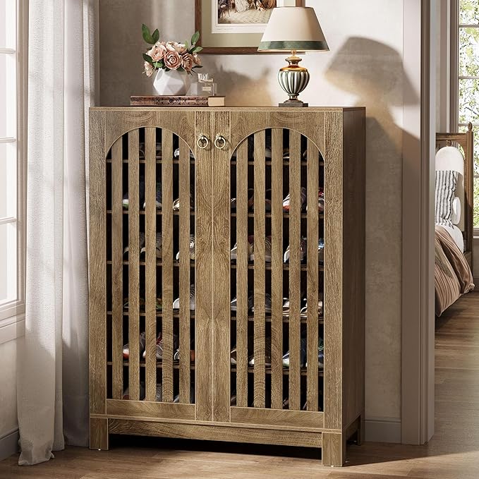 Tribesigns Shoe Cabinet with Shutter Doors, 6-Tier Shoe Storage Cabinet, Entryway Shoe Rack Organizer with Adjustable Shelves for Living Room, Bedroom, Natural Wood