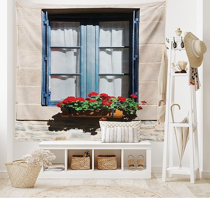Ambesonne Country Tapestry King Size, Mediterranean Style Window Open Shutters Image French Urban Life Theme Print, Wall Hanging Bedspread Bed Cover Wall Decor, King Size, Blue Grey