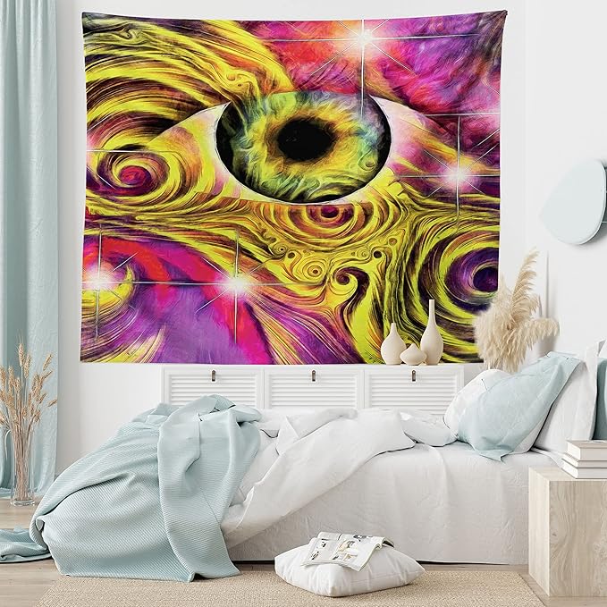 Ambesonne Psychedelic Tapestry, Hippie Hallucinatory Eye in Vivid Colors with Optical Swirl Lines Graphic, Fabric Wall Hanging Decor for Bedroom Living Room Dorm, 28" X 23", Fuchsia Yellow