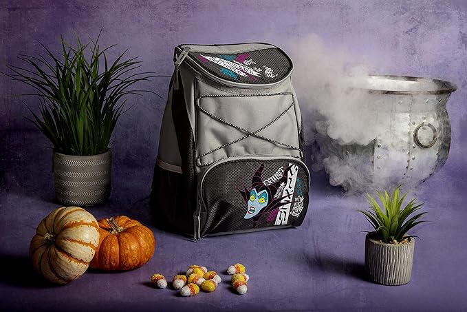 PICNIC TIME Disney Princess Sleeping Beauty Maleficent Backpack Cooler, Insulated Leakproof Soft Cooler, Waterproof Lunch Bag, Portable Travel Ice Chest (Black with Gray Accents)