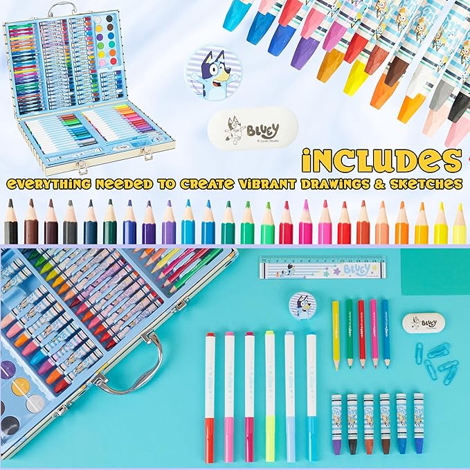 Bluey Colored Pencils Art Supplies for Boys Girls Drawing Kit Painting School Supplies Art Kit Travel Case Gifts for Kids (Blue Case)