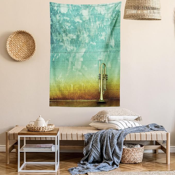 Ambesonne Music Tapestry Queen Size, Old Aged Worn Single Trumpet Stands Alone Against a Faded Wall Jazz Theme Photo, Wall Hanging Bedspread Bed Cover Wall Decor, 88" X 88", Teal Brown