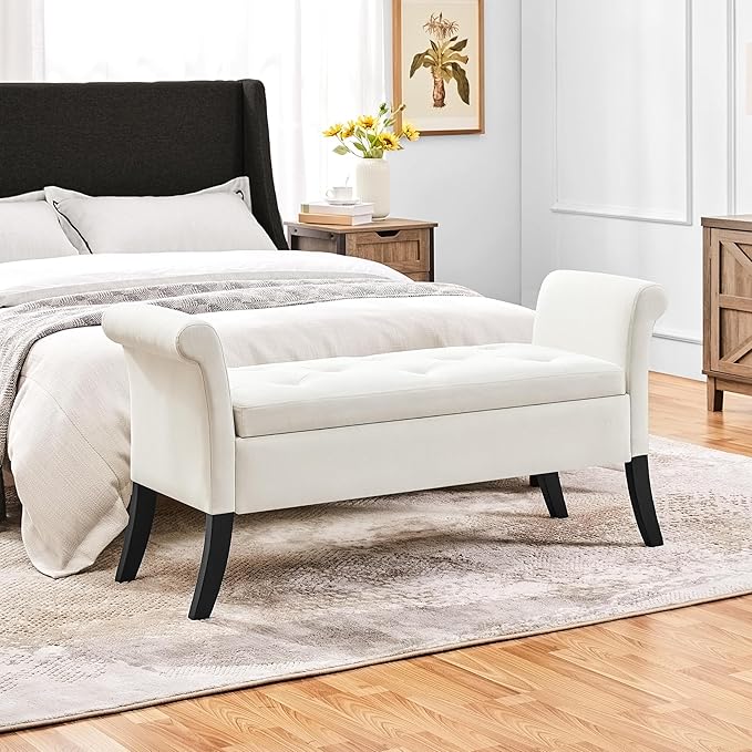 Yaheetech Ottoman with Storage, 52" Storage Ottoman Bench with Safety Hinge, Upholstered Bench with Seating for Bedroom, Living Room, Holds up to 661 lb, Fresh White