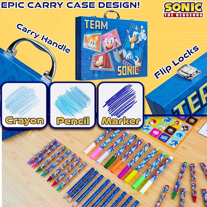 Sonic The Hedgehog Colored Pencils Art Supplies 130+ pcs Drawing Kit School Supplies Girls Drawing Pencils Art Kit Travel Case with Crayons Arts and Crafts for Kids 4-12