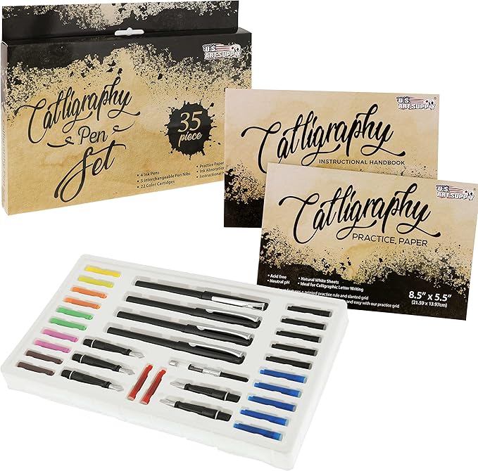 U.S. Art Supply 35-Piece Calligraphy Pen Set - 4 Pens, 5 Nibs, 22 Inks, Includes Calligraphy Pens for Writing, Beginners Handbook & Practice Paper Pad
