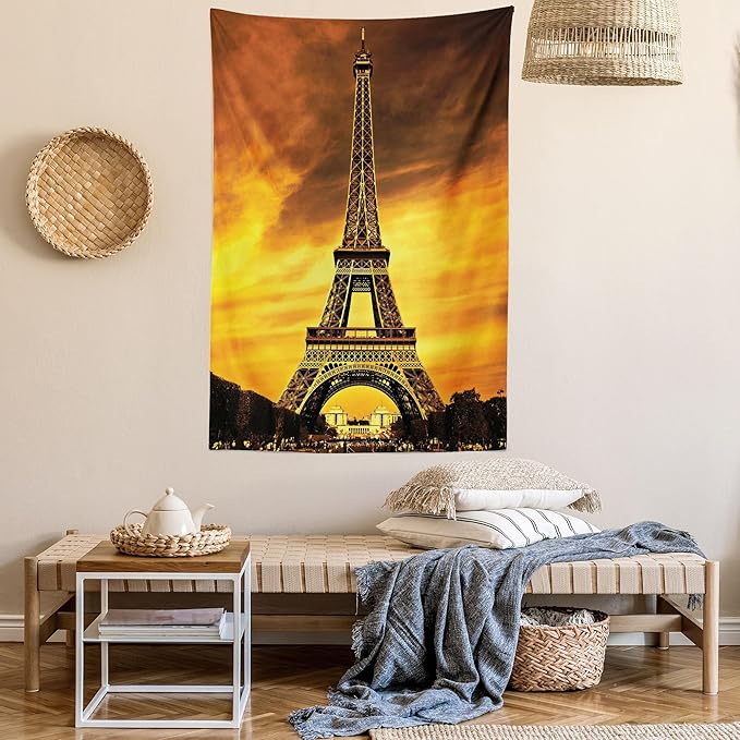 Ambesonne Eiffel Tower Tapestry, Paris Love City Monument in Dramatic Sunrise Picture of French Landmark, Fabric Wall Hanging Decor for Bedroom Living Room Dorm, 23" X 28", Yellow Brown