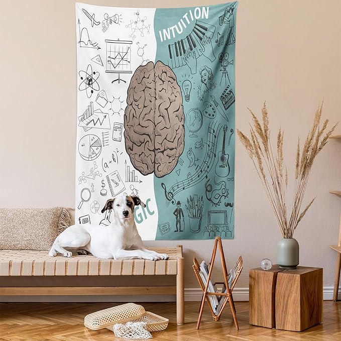 Ambesonne Modern Tapestry, Brain Image Left and Right Music Logic Art Side Science Print, Wall Hanging for Bedroom Living Room Dorm Decor, 60" X 80", White Teal Umber