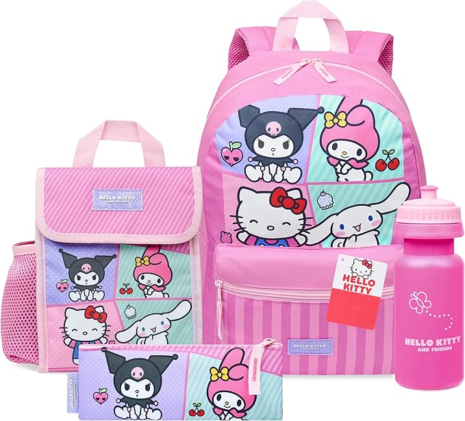 Hello Kitty Sanrio Backpack Set for Girls 4 Pcs Water Bottle Lunch Bag Pencil Case School Supplies Cinnamoroll Kuromi My Melody Gifts for Girls