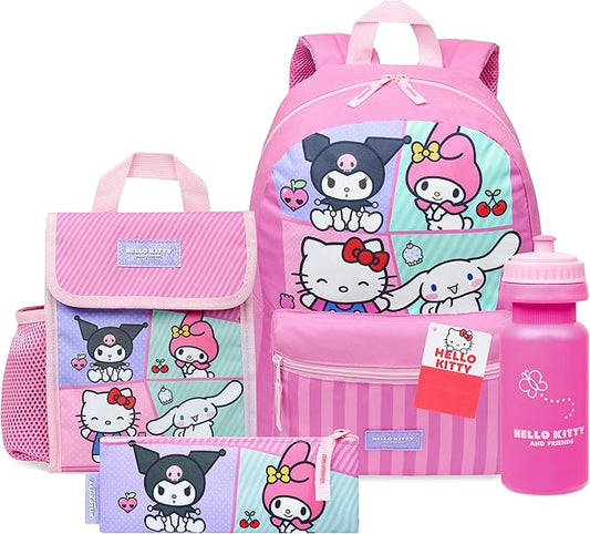 Hello Kitty Sanrio Backpack Set for Girls 4 Pcs Water Bottle Lunch Bag Pencil Case School Supplies Cinnamoroll Kuromi My Melody Gifts for Girls
