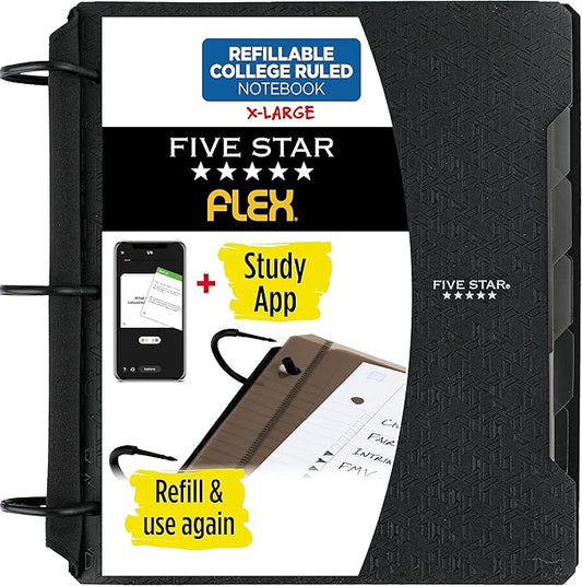 Five Star Flex Refillable Notebook + Study App, College Ruled Paper and 1-1/2 Inch TechLock Ring Binder with Pockets, Tabs and Dividers, 300 Sheet Capacity, Black (29324AA2)