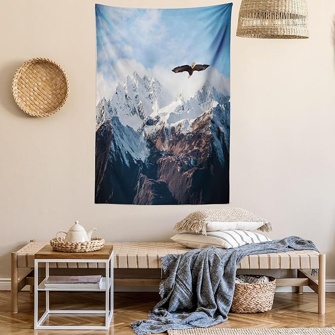 Ambesonne Mountain Tapestry Twin Size, Frozen Peaks Tops of the Mountain with a Flying Eagle Free in Nature Photo, Wall Hanging Bedspread Bed Cover Wall Decor, 68" X 88", Brown White Blue