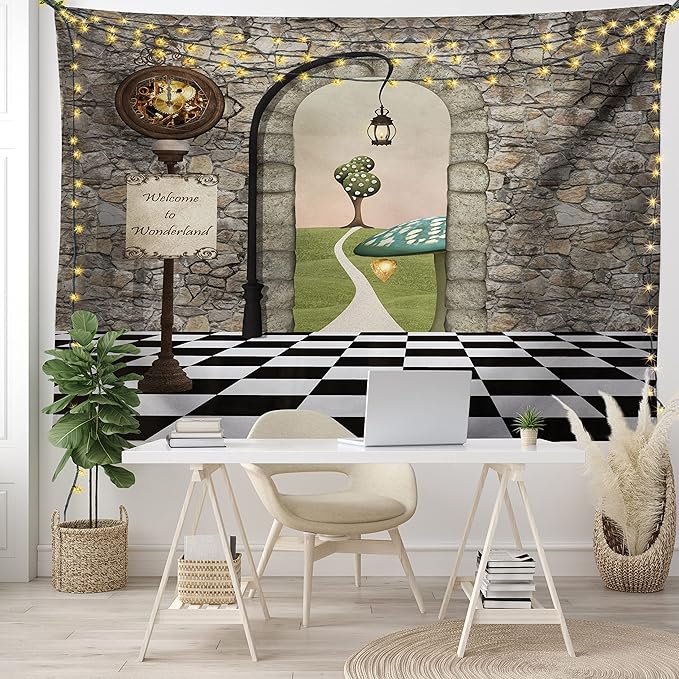 Ambesonne Alice in Wonderland Tapestry, Welcome Wonderland Black and White Floor Landscape Mushroom Lantern, Wide Wall Hanging for Bedroom Living Room Dorm, 80" X 60", Stone Black