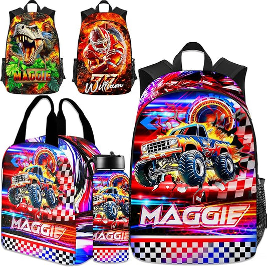 Custom Boys Truck Backpack with Lunch Box Personalized Name Bookbag Back to School Kids Backpacks for Elementary Middle School