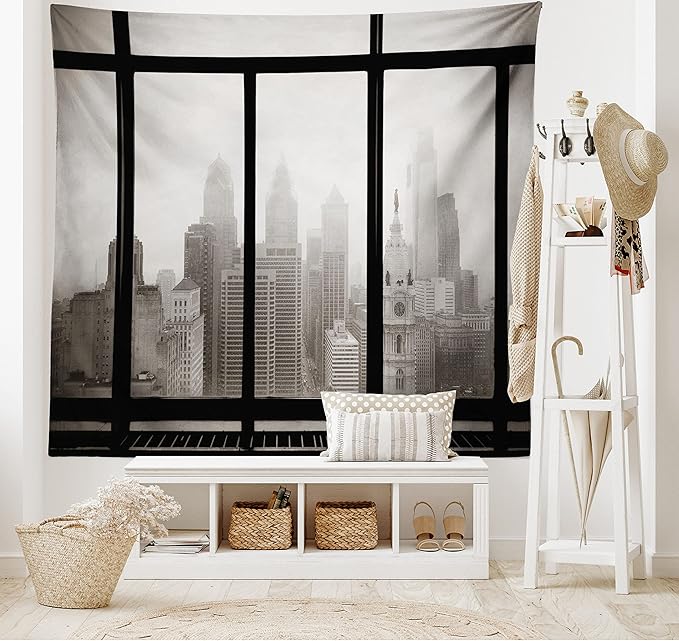 Ambesonne City Tapestry, Philadelphia City Rooftop View Through Window Skyline Landmark Rooftop Travel, Wide Wall Hanging for Bedroom Living Room Dorm, 80" X 60", Grey Black