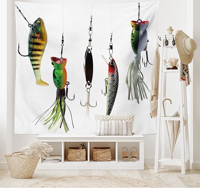 Ambesonne Fishing Tapestry, Various Type of Fishing Baits Hobby Leisure Passtime Sports Hooks Catch Elements, Wide Wall Hanging for Bedroom Living Room Dorm, 80" X 60", White Multicolor