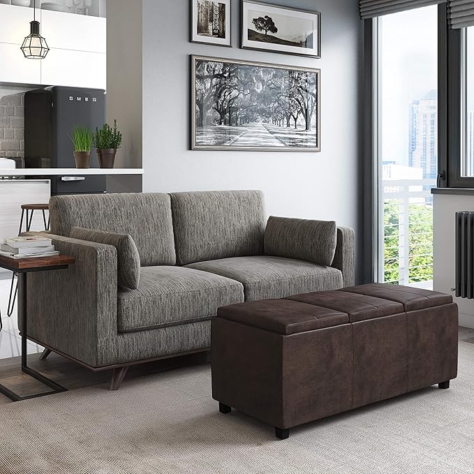 SIMPLIHOME Avalon Storage Ottoman - 42 inch Wide Upholstered Vegan Leather Rectangular Flip-Top Ottoman in Distressed Brown, Contemporary Coffee Table Ottoman for Living Room with Hidden Storage