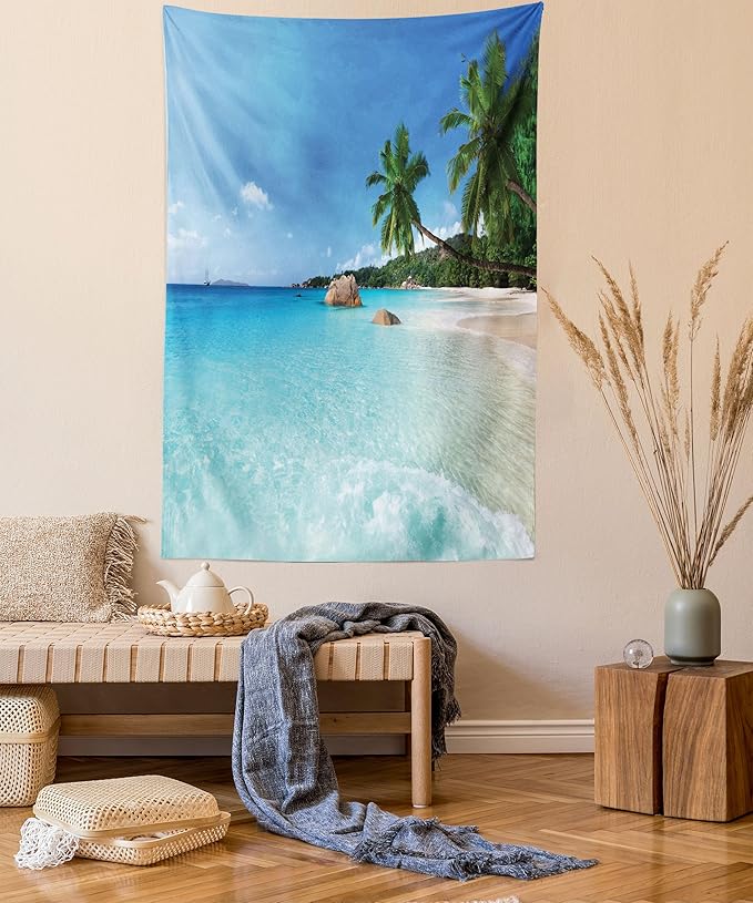 Ambesonne Ocean Tapestry Twin Size, Anse Lazio Beach at Praslin Island Surfing Beach Scenic View Travel, Wall Hanging Bedspread Bed Cover Wall Decor, 68" X 88", Blue and Turquoise