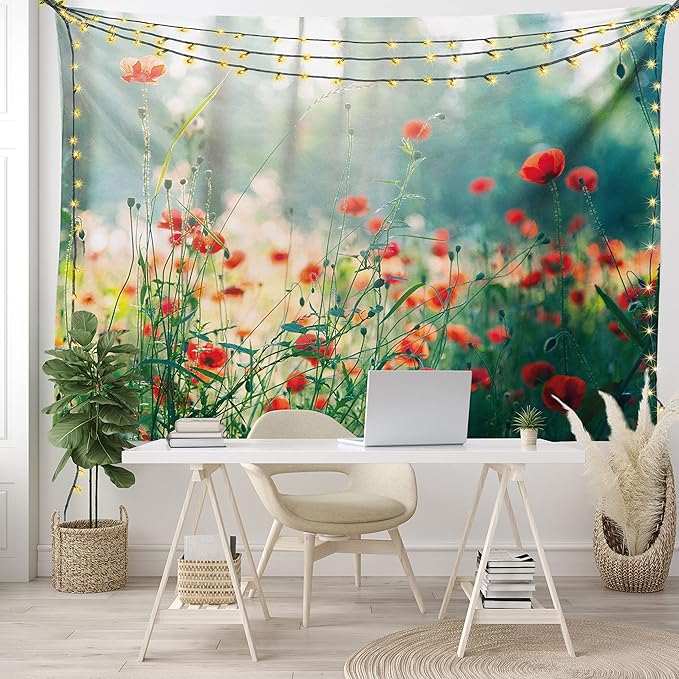 Ambesonne Nature Tapestry King Size, Wild Red Poppy Flowers Field Summertime Sunbeams Gardening Bedding Plants, Wall Hanging Bedspread Bed Cover Wall Decor, 104" X 88", Red Green Yellow