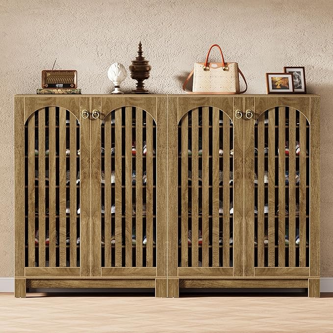 Tribesigns Shoe Cabinet Set of 2, Wood Shoe Organizer Cabinet with Doors & Adjustable Shelves, Shoe Storage Rack for Entryway, Living Room, Bedroom