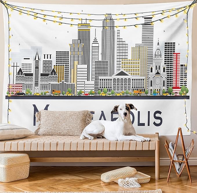 Ambesonne Minnesota Tapestry, Elevation of a Street in Minneapolis Image with High Detailed Facades, Fabric Wall Hanging Decor for Bedroom Living Room Dorm, 23" X 28", White Grey