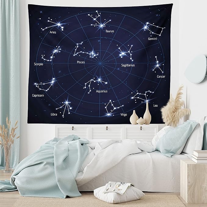 Ambesonne Constellation Tapestry, Sky Star Map Geometric Circle Space Night Horoscopes Chart Dark, Wide Wall Hanging for Bedroom Living Room Dorm, 60" X 40", Dark Blue White