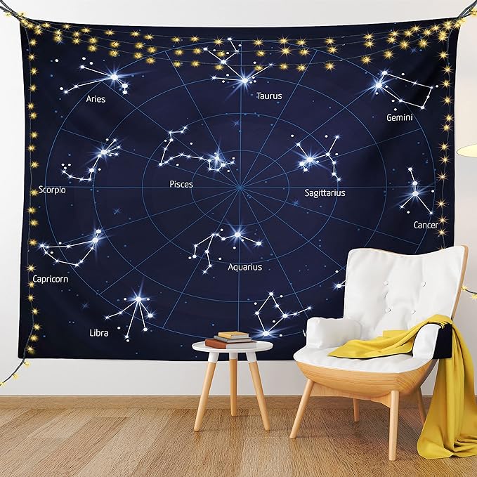 Ambesonne Constellation Tapestry, Sky Star Map Geometric Circle Space Night Horoscopes Chart Dark, Wide Wall Hanging for Bedroom Living Room Dorm, 60" X 40", Dark Blue White