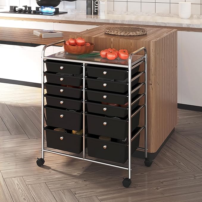 Yaheetech 12 Drawers Rolling Storage Cart Multipurpose Movable Organizer Cart Storage Bin Trolley Tools Scrapbook Paper Organizer on Wheels, Black
