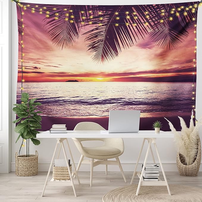 Ambesonne Palm Tree Tapestry, Tropical Beach Under Shadows at Sunset Ocean Waves Serenity of Paradise in Nature, Fabric Wall Hanging Decor for Bedroom Living Room Dorm, 45" X 30", Yellow Purple