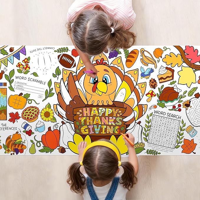 JOYIN Thanksgiving Decorations Giant Coloring Poster Tablecover, 30 x 72 Inches Thanksgiving Turkey Themed Tablecloth for, Versatile Coloring Crafts Kit for Fall School Party Supplies, Special Events