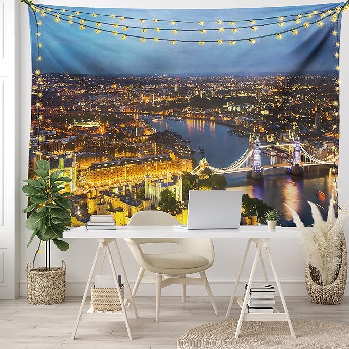 Ambesonne Modern Tapestry King Size, Sunset at London England Cityscape Night Time and Tower Bridge Landmark Urban, Wall Hanging Bedspread Bed Cover Wall Decor, King Size, Yellow Bluegrey