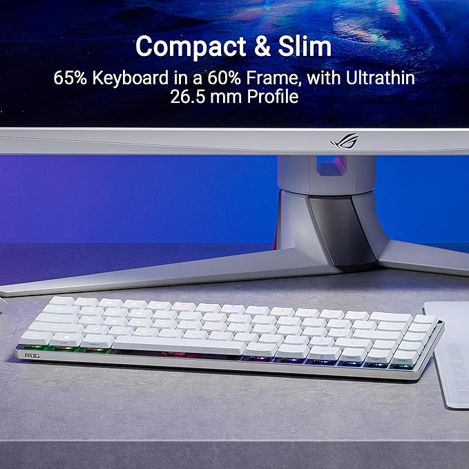 ASUS ROG Falchion RX Low Profile Wireless Gaming Keyboard – 65% Compact TKL, Tri-Mode Connectivity, ROG RX Blue Optical Switches, RGB, Touch Panel, Keyboard Cover, PC/Mac Support - White