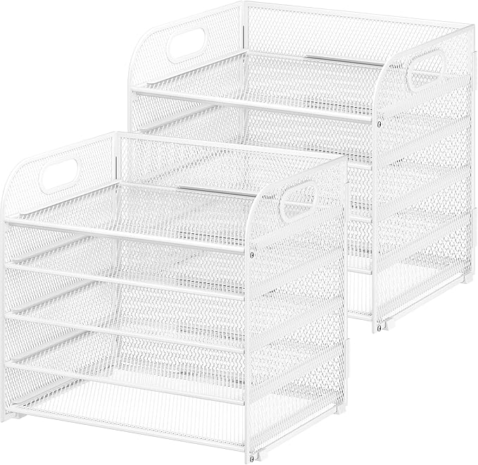 2 Pack 5 Tier Paper Organizer, Letter Tray with Handle, Mesh Desk Organizer, Metal File Organizer, Office Desk Accessories for Home, Office, Classroom, School -White