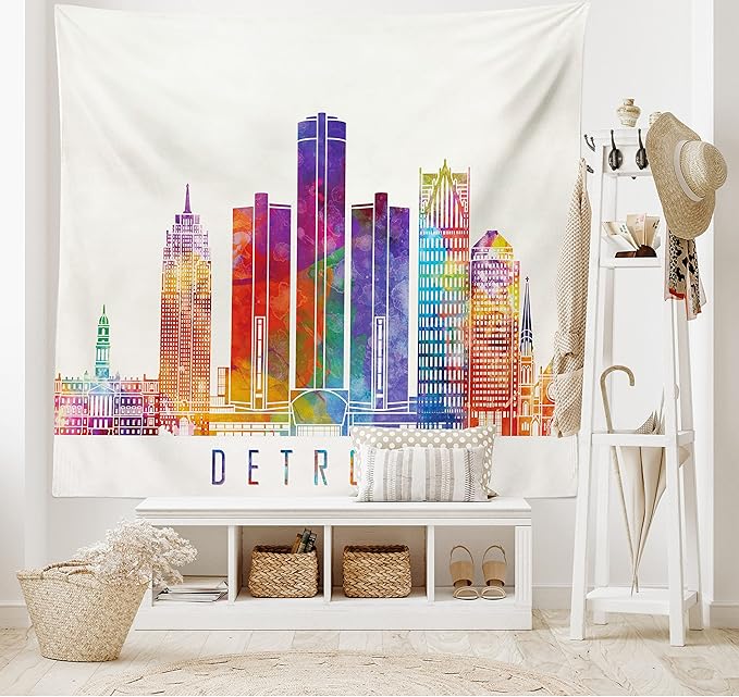Ambesonne Detroit Tapestry King Size, Vibrant Colored Abstract Skyscrapers Modern Architecture Watercolor Style Landmarks, Wall Hanging Bedspread Bed Cover Wall Decor, 104" X 88", Ivory