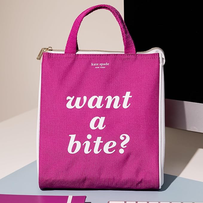 kate spade new york Cute Lunch Bag for Women, Large Capacity Lunch Tote, Adult Lunch Box with Silver Thermal Insulated Interior Lining and Storage Pocket, Colorblock, Want A Bite