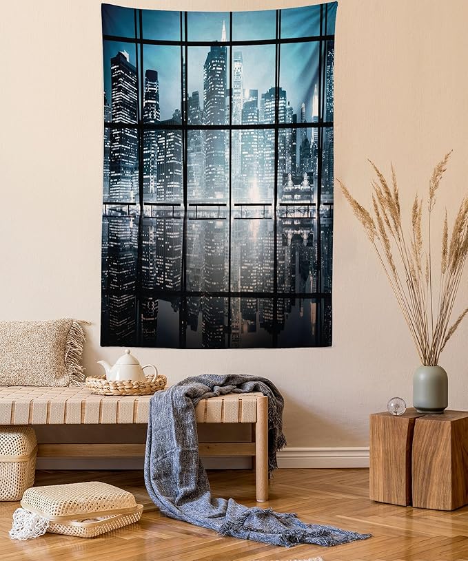Ambesonne Modern Tapestry Twin Size, Modern New York City Scenery at Night with Skyscrapers Buildings Print, Wall Hanging Bedspread Bed Cover Wall Decor, 68" X 88", Black Blue