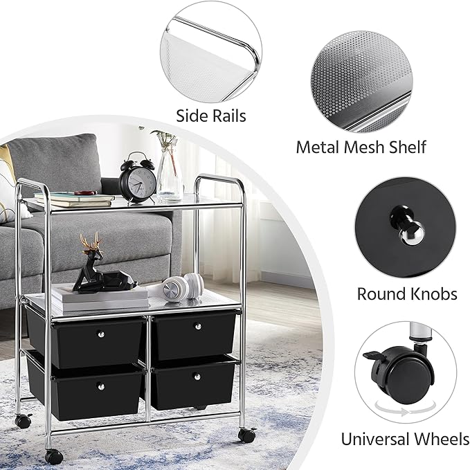 Yaheetech Rolling Storage Cart with 4 Drawers 2 Shelves Plastic Trolley on Wheels for Home Office School Beauty Salon, Black
