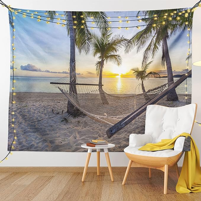 Ambesonne Tropical Tapestry, Paradise Beach Hammock and Coconut Palm Trees Horizon Coast Vacation Scenery, Fabric Wall Hanging Decor for Bedroom Living Room Dorm, 45" X 30", Sand Brown
