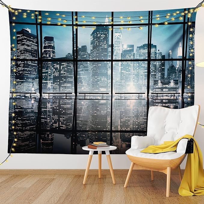 Ambesonne Modern Tapestry, Modern New York City Scenery at Night with Skyscrapers Buildings Print, Fabric Wall Hanging Decor for Bedroom Living Room Dorm, 30" X 45", Black Blue