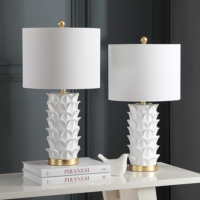 SAFAVIEH Lighting Collection Nico White/ Gold Leaf 25-inch Bedroom Living Room Home Office Desk Nightstand Table Lamp Set of 2 (LED Bulbs Included)